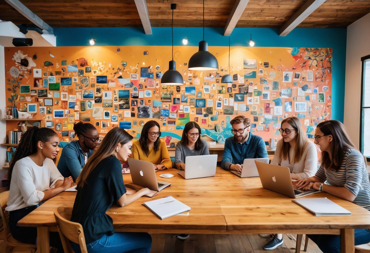 A diverse group of passionate bloggers gathered around a large wooden table, sharing ideas and stories, with laptops and notebooks scattered about. Behind them, a colorful mural depicting various narrative themes and digital content icons, symbolizing creativity and connectivity. The atmosphere is vibrant and energetic, showcasing collaboration in the blogging community. warm lighting. illustration style.