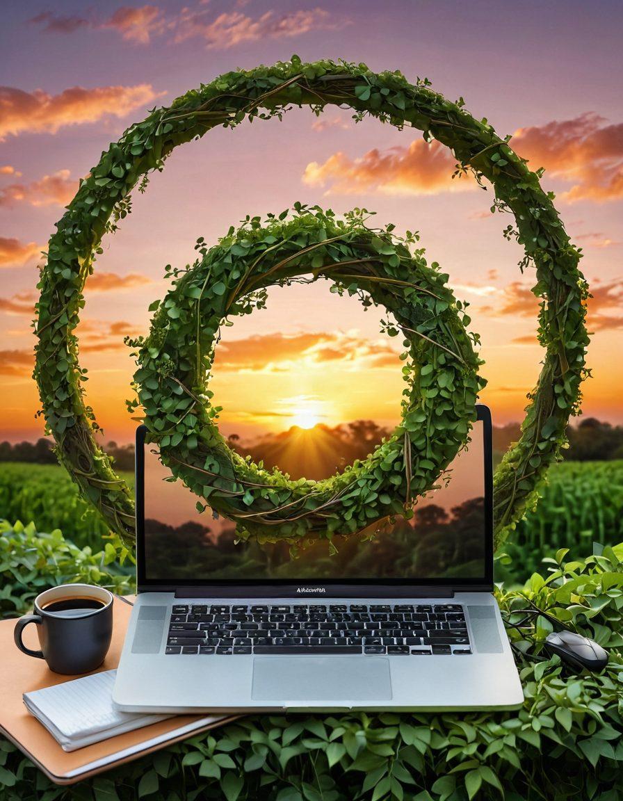 A serene infinity symbol made of lush green vines, symbolizing growth and creativity, intertwined with blogging icons like a laptop, a camera, and a notepad. In the background, a stunning sunset casts warm hues over a peaceful landscape, representing visual storytelling and an infinite lifestyle. The composition should evoke a sense of tranquility and inspiration. super-realistic. vibrant colors. white background.