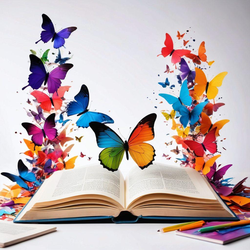 A visually captivating blog landscape featuring an open book with colorful pages transforming into vibrant butterflies, signifying the freedom of creativity. The background is filled with abstract shapes and light bursts representing infinite possibilities. A creative workspace with a laptop and scattered art supplies adds to the storytelling theme. super-realistic. vibrant colors. white background.